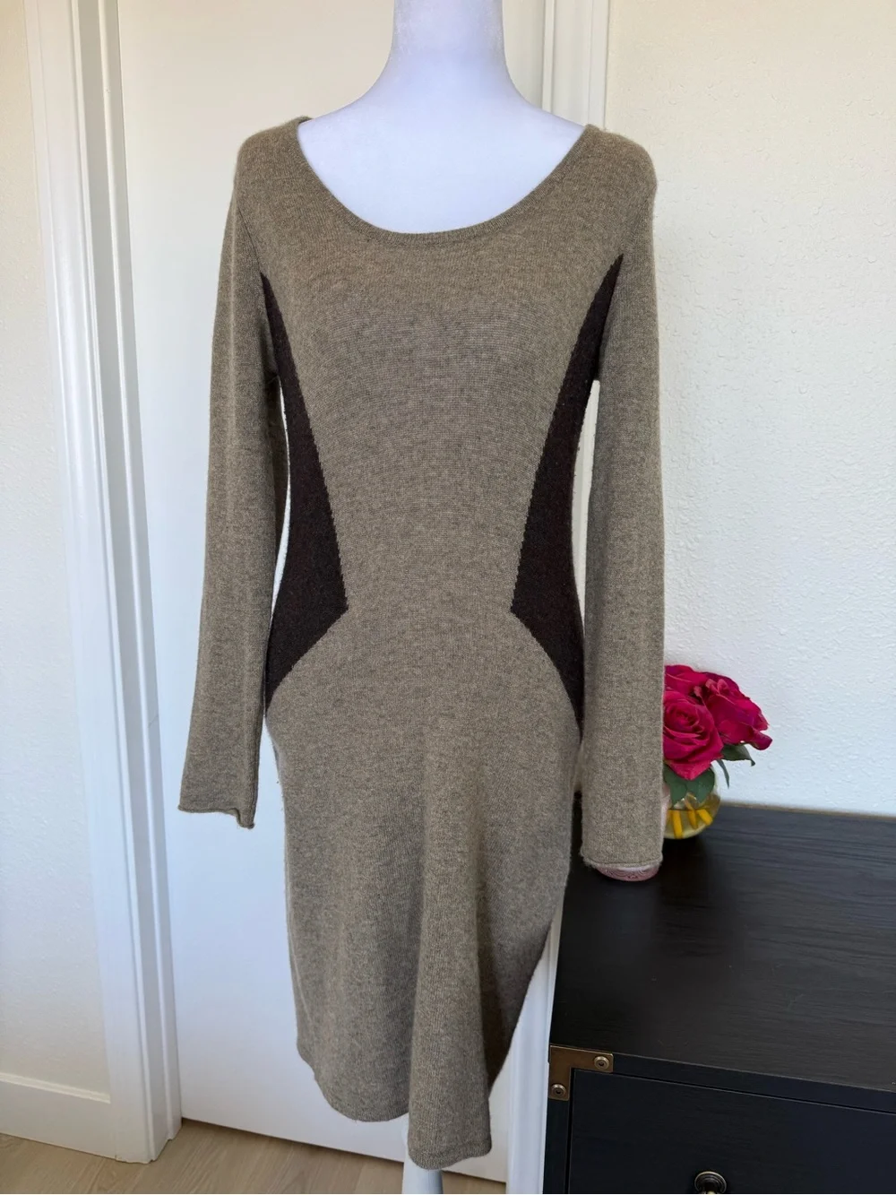 Cashmere Beige Knit Long Sleeve Dress with Contrast Panels - Picture 2 of 5
